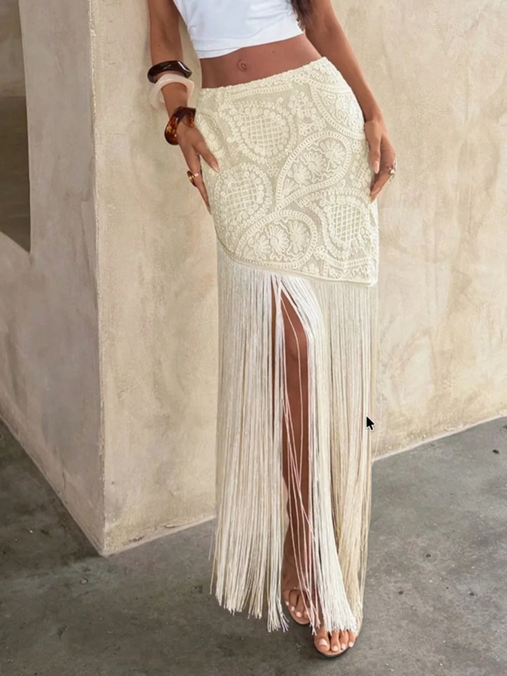Boho Floral lace Stretchy Waist Tassel Detail Maxi Skirt - Picture 3 of 6